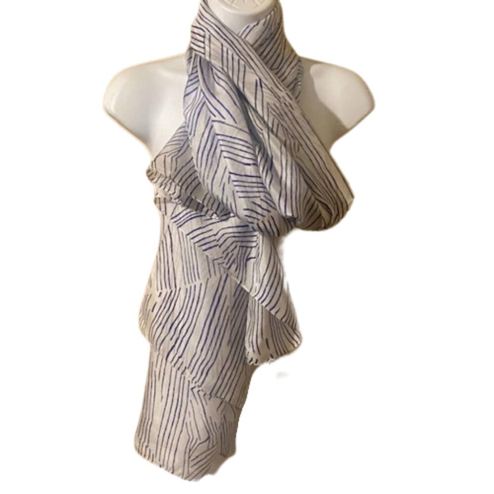 John Robshaw Silk Scarf Wrap Oversized White Blue Lines Abstract Print